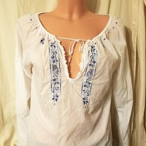 Abercrombie & Fitch Crisp White Cotton V neck embroidered long Peasant top tie L